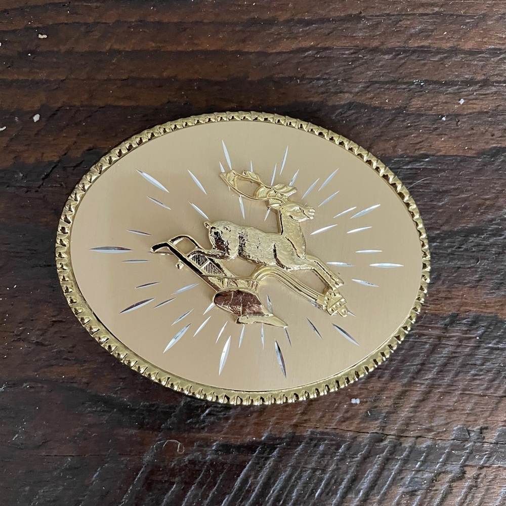 Vintage John Deere belt buckle with deer and plow